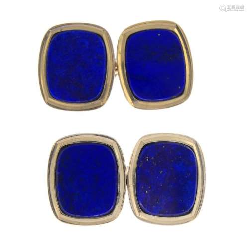 A pair of 9ct gold and lapis lazuli cufflinks. Each