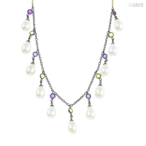 A cultured pearl, amethyst and peridot necklace.