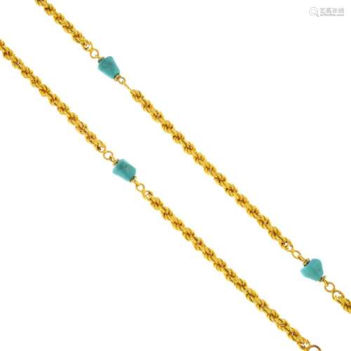 A turquoise necklace. Designed as a rope-twist-link