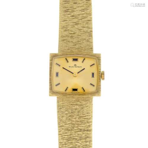 BUCHERER - a lady's 18ct gold watch. The cushion-shape
