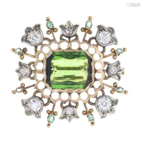 A tourmaline, diamond and emerald brooch. The
