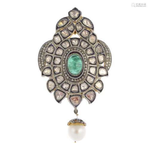 An emerald, diamond and cultured pearl pendant. The