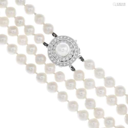A cultured pearl two-row necklace. Comprising two rows
