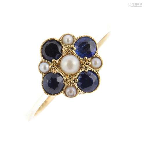 A sapphire and split pearl dress ring. The split pearl,