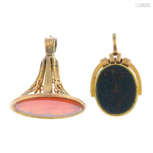 Two 19th century gold agate fobs. To include a