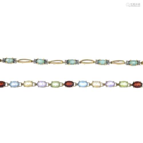 Two gem-set bracelets. The first designed as a series