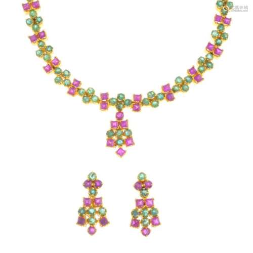 A set of emerald and ruby jewellery. To include a