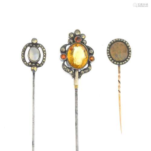 Three 19th century silver gem-set pins. To include a