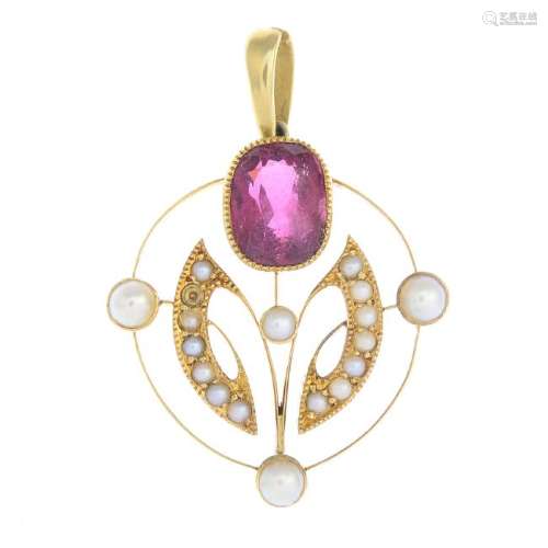 An early 20th century gold tourmaline and split pearl