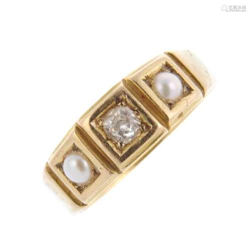 A diamond and split pearl ring. The old-cut diamond,