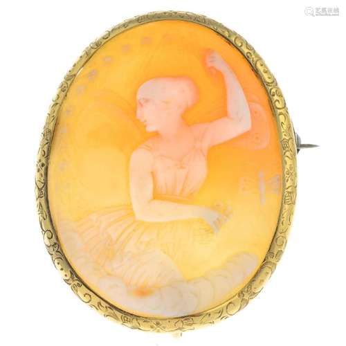 A late Victorian gold shell cameo brooch. The oval