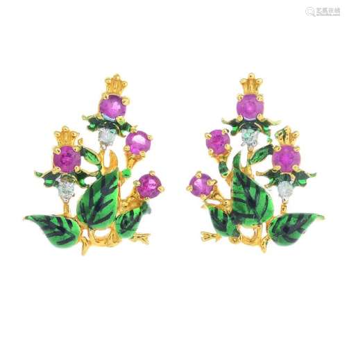 A pair of gem-set and enamel earrings. Each designed as