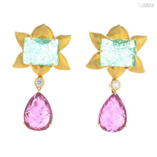 A pair of emerald, tourmaline and diamond earrings.