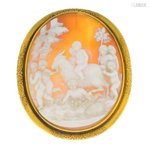 A late Victorian shell cameo brooch. Of oval outline,