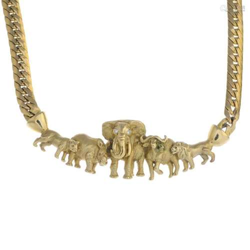 A 9ct gold 'big five' animal necklace. The front