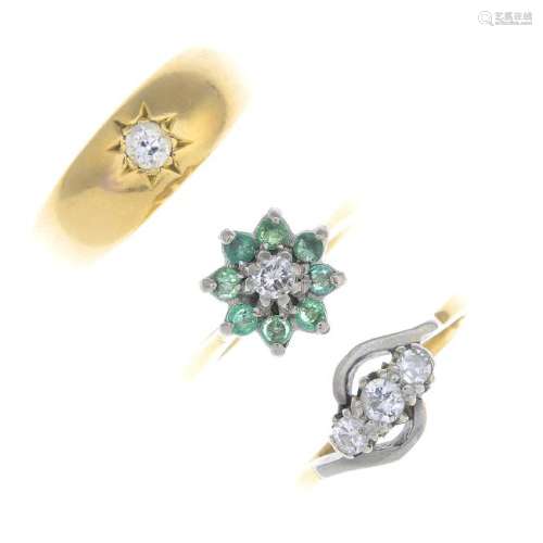 Three gold diamond and emerald rings. To include a late