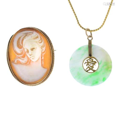 A cameo brooch and jade pendant. The cameo designed as