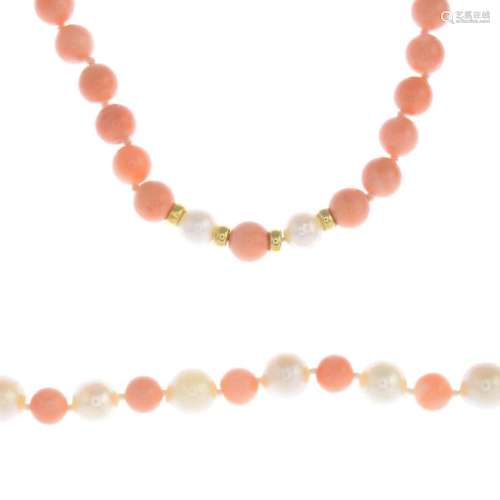 A set of coral and cultured pearl jewellery. To include