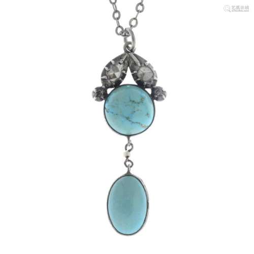 A turquoise and diamond pendant. The oval and circular