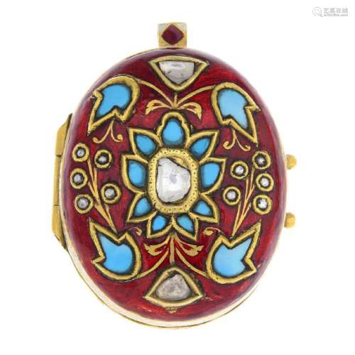 A Kundan work diamond, turquoise and enamel locket. The
