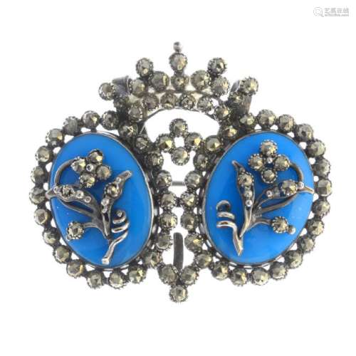 A late Georgian marcasite and enamel brooch. Designed