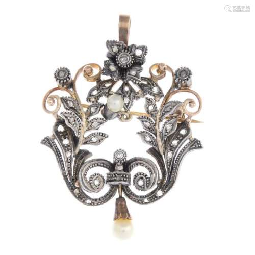 A diamond and cultured pearl pendant. Of openwork