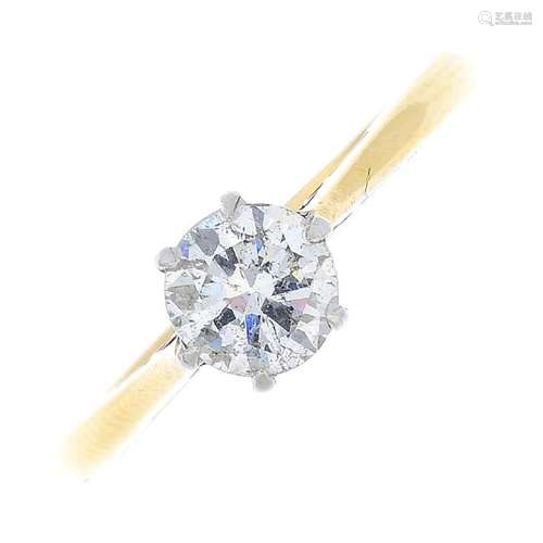 A diamond single-stone ring. The brilliant-cut diamond,