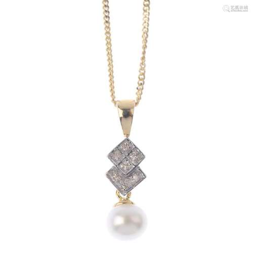 A 9ct gold diamond and cultured pearl pendant. The