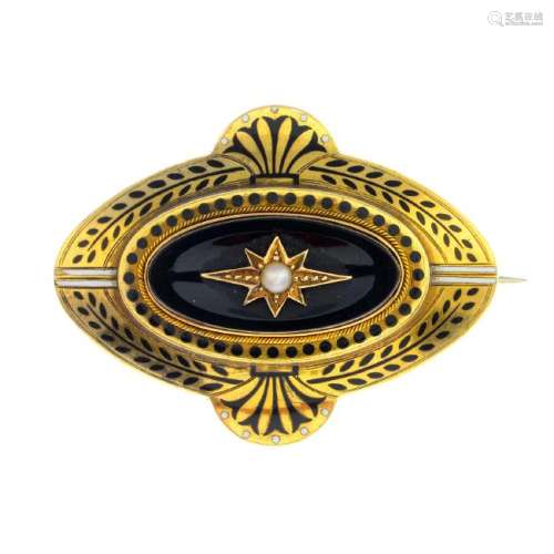 A late Victorian gold gem-set enamel mourning brooch.