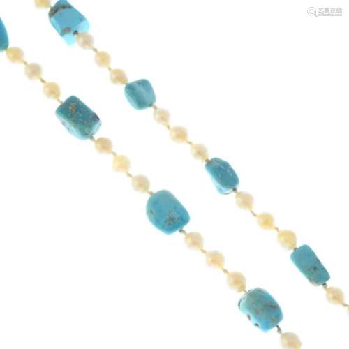 A cultured pearl and turquoise necklace and a cubic