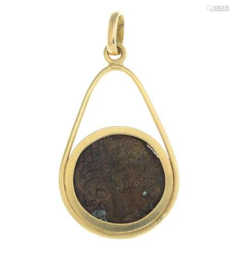 A coin pendant. The coin, within a plain surround and