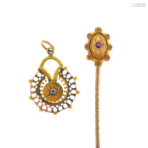 A Late Victorian gold stickpin and pendant. The