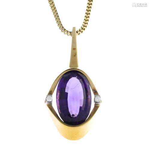 An amethyst and diamond necklace. Of geometric design,