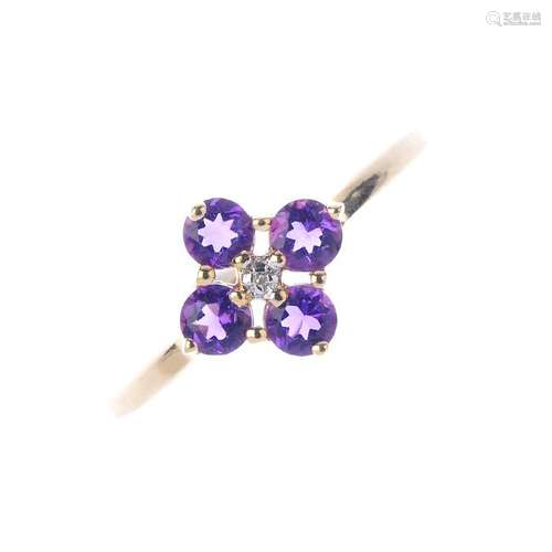 A 9ct gold amethyst and diamond ring. The single-cut