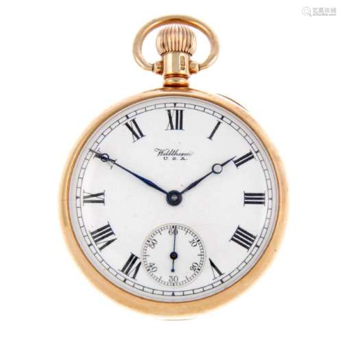 An open face pocket watch by Waltham. 9ct yellow gold