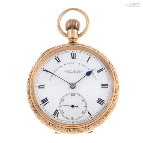 An open face pocket watch by Ben J Harral. 9ct yellow