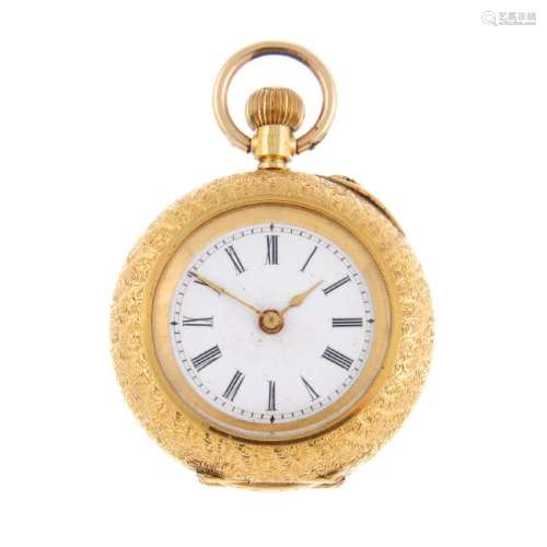 An open face pocket watch. Yellow metal case, stamped