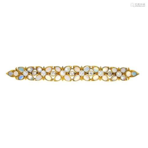 An opal and diamond brooch. Designed as a series of