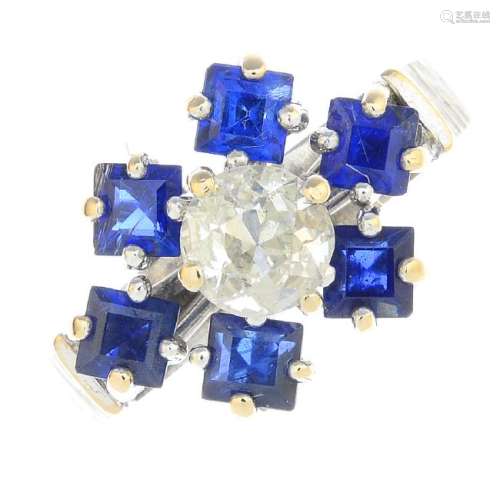 A 1970s 18ct gold sapphire and diamond floral cluster