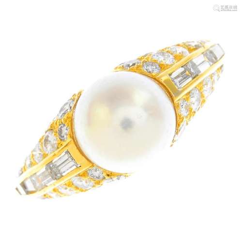 BULGARI - an 18ct gold cultured pearl and diamond ring.