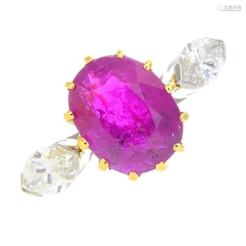 A Burmese ruby and diamond three-stone ring. The