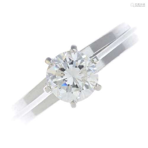 A diamond single-stone ring. The brilliant-cut diamond,