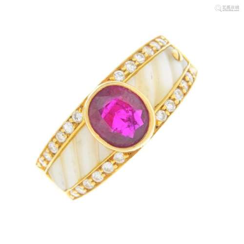 A ruby, diamond and mother-of-pearl dress ring. The