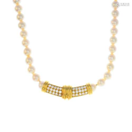 A diamond and cultured pearl necklace. The pave-set