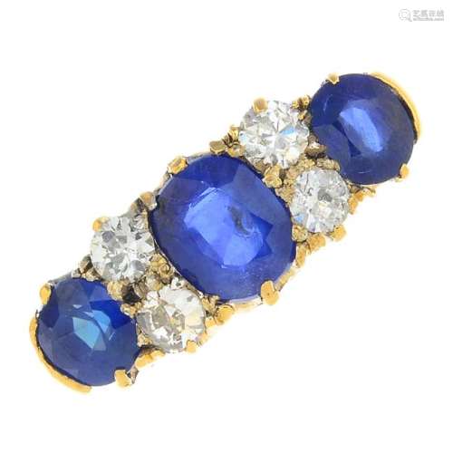 An early 20th century 18ct gold sapphire three-stone