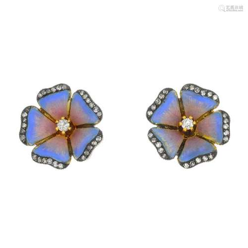 MOIRA - a pair of diamond and enamel floral earrings.