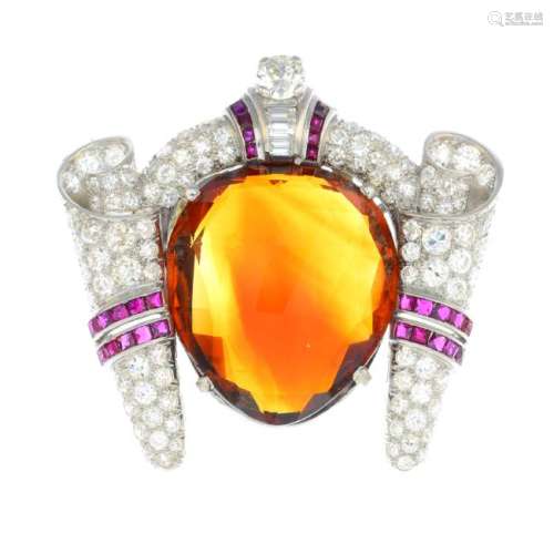 A mid 20th century diamond and gem-set brooch. The