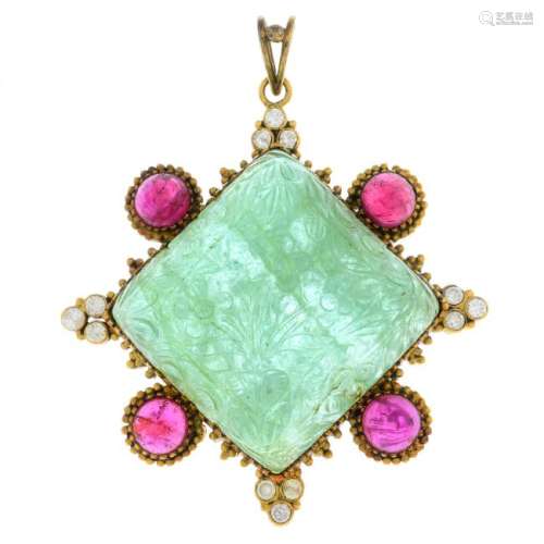An emerald, tourmaline and diamond pendant. Designed as