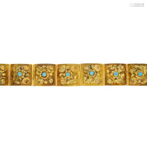 A mid Victorian gold turquoise bracelet. Designed as a