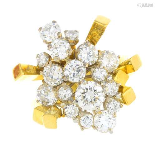 A mid 20th century 18ct gold diamond dress ring. The